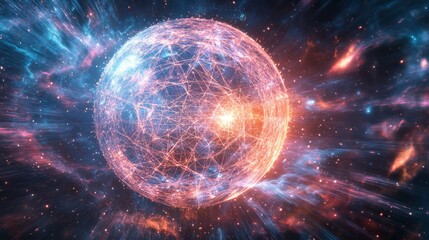 Obraz premium advanced energy barrier system manifesting as luminous spherical shield floating defensive matrices composed of interlocking geometric patterns plasma energy coursing through wireframe structure deep