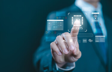 Businessman using AI agents command interface with virtual screens, representing artificial intelligence, automation, smart technology for business operations and productivity. Analysis of AI agents
