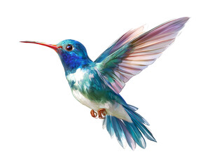 Fototapeta premium Flying hummingbird with colorful blue and green body isolated on a transparent background