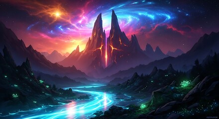 Peaks erupt with lava a neon river flows through mountains under a cosmic sky
