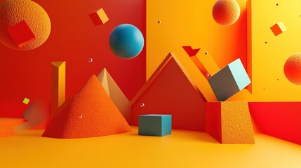 Dynamic 3D animation frame with rotating sphere, bouncing cube, and sliding triangle.