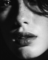 Dramatic Black-and-White Close-Up Portrait of Young Woman with Parted Lips, Premium High-Contrast Emotional Beauty for Modern Lifestyle and Editorial Use