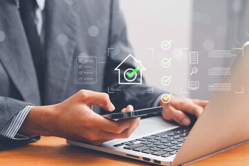 Businessman approving digital property documents, managing real estate reviews, customer ratings, and online feedback to improve service quality and boost real estate profitability.