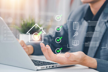 Businessman approving digital property documents, managing real estate reviews, customer ratings, and online feedback to improve service quality and boost real estate profitability.