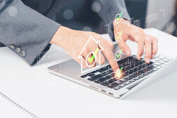 Businessman approving digital property documents, managing real estate reviews, customer ratings, and online feedback to improve service quality and boost real estate profitability.