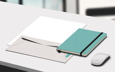 Teal notebook and gray envelope on white desk turquoise
