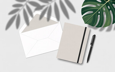 White envelope notebook and pen with plant shadows