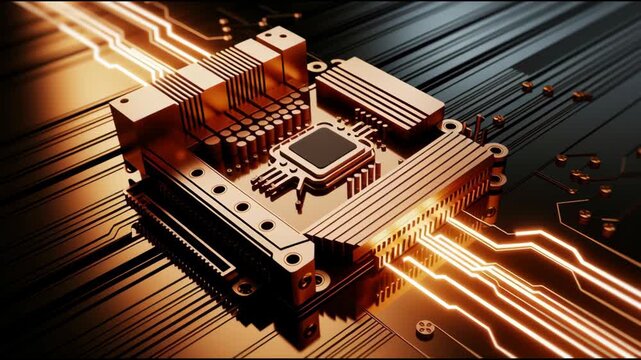 Glowing Microchip on Circuit Board with Intricate Patterns and Golden Lines Symbolizing Advanced Technology and Innovation