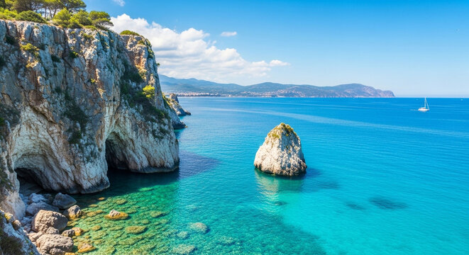 Explore sardinia italy coast scenic views of turquoise sea cliffs and sailboat for summer travel vacation