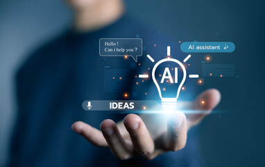 Hand holding AI light bulb hologram with a digital interface, representing artificial intelligence innovation, creative ideas, and smart technology for business and problem-solving. smart AI assistant
