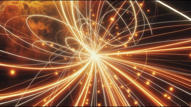Dynamic Explosion of Glowing Orange and White Light Trails Mesmerizing Abstract Patterns and Swirling Particles Against Fiery Cosmic Background