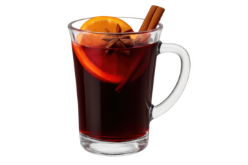 Glass of mulled wine with orange slice, cinnamon and star anise on transparent background