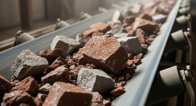 Large angular stones and ore fragments moving on industrial conveyor belt inside processing facility, focus on raw minerals during automated material transport