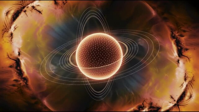 Glowing Sphere with Orbiting Rings and Cosmic Background Creates Mesmerizing and Futuristic Abstract Space Scene