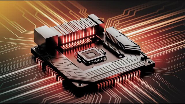 Glowing Microchip with Circuit Lines and Dynamic Light Trails Futuristic Electronic Processor Symbolizing Advanced Technology and Innovation