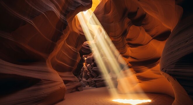 Sunbeams illuminate a narrow desert canyon with sculpted sandstone walls