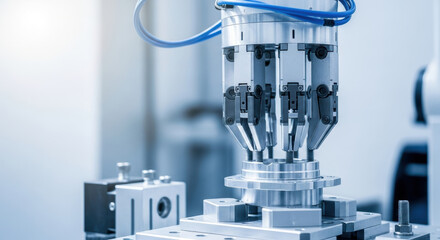 Modern automated robotic arm assembling precision components in advanced manufacturing facility, representing innovation and efficiency in industrial automation technology