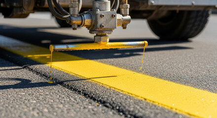 precise road marking machine applies fresh yellow traffic line on smooth asphalt surface during daytime maintenance for highway safety and urban infrastructure improvement