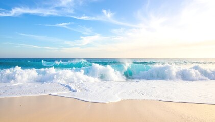 A gentle wave rolls onto a sandy beach, glistening under the bright sun, with a clear blue sky stretching endlessly above, creating a serene coastal scene.