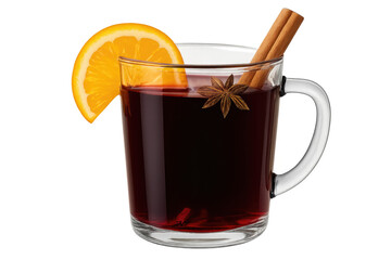 Glass of mulled wine with orange slice, cinnamon and star anise on transparent background