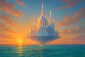 Majestic Floating Crystal Palace Over Turquoise Ocean