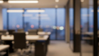 Blurred office interior with desks chairs and window view of city at night, capturing a serene and reflective after-hours corporate mood.