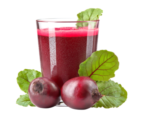 Fresh red beet juice in a glass and whole beets isolated on a transparent background