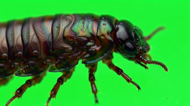 Iridescent Segmented Arthropod Macro on Bright Green Background