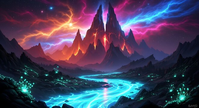 Volcanic mountains under a cosmic sky with a glowing river
