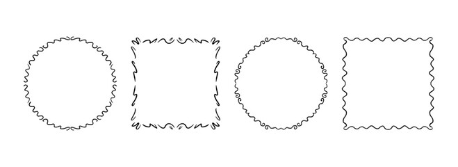 Hand drawn wavy frame set. Black square and circle ribbon border collection. Vector doodled lace cadre frames. Curved squiggly border pack for invitation, wedding, birthday party, greeting card design