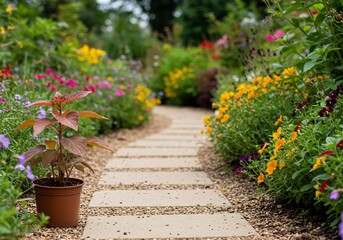 美しい庭園の小道と花々