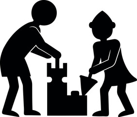 Children building sandcastle silhouette vector graphic design