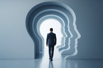 Businessman walking through abstract head-shaped tunnel in blue minimalist interior, symbolizing human mind exploration and personal development.
