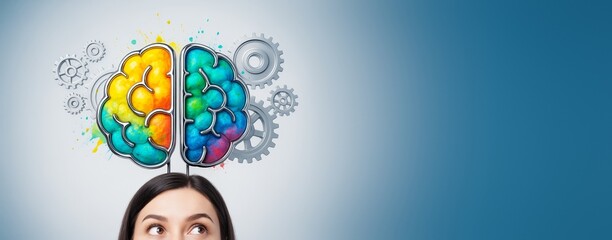 Colorful brain illustration above woman's head with gears and blue gradient background, symbolizing creativity and intelligence concept.