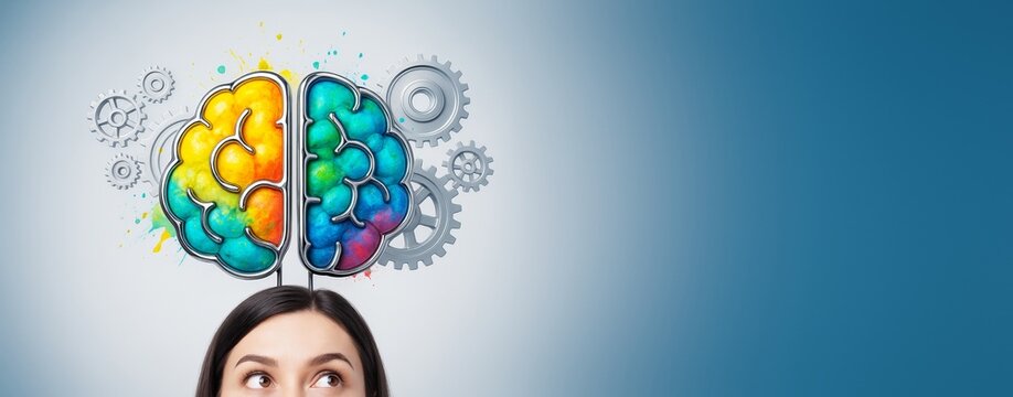 Colorful brain illustration above woman's head with gears and blue gradient background, symbolizing creativity and intelligence concept.