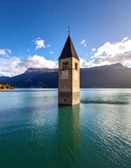 Tower submerged in lake