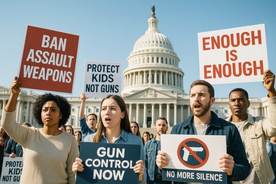 Group of protesters demanding gun control in front of government building holding signs with strong messages during daylight demonstration. Ai generative