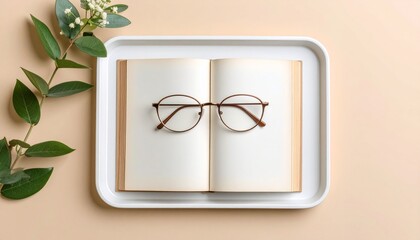 Minimalist still life with classic eyeglasses on a blank open book, symbolizing a peaceful moment of reading and study