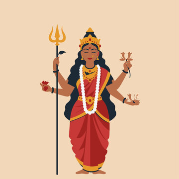 A serene flat design vector illustration of Devi Parvati, embodying her benevolent and powerful feminine energy