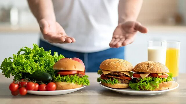 Healthy versus unhealthy burger comparison food concept