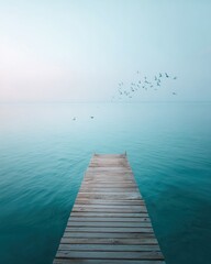 Obraz premium Premium Investor Mood Sunrise Dock Scene with Birds Over Calm Lake Modern Financial Inspiration for Professional Marketing and Social Media Campaigns