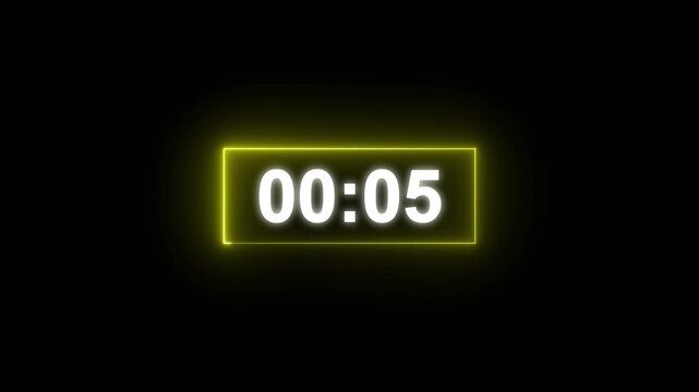Glowing neon countdown digital clock animation, 10 to 0 second countdown digital clock timer icon. Modern countdown clock on black background.
