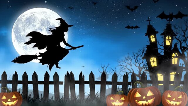 A silhouette of a witch flying on a broomstick in front of a full moon with a haunted house, bats, pumpkins, and a picket fence.