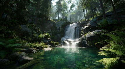 Obraz premium Breathtaking Waterfall in Lush Forest/豊かな森の息をのむ滝5