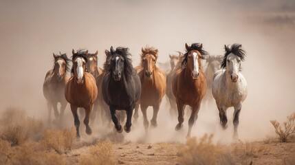 Horses galloping through desert