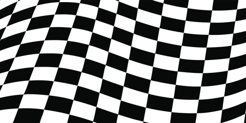 Wavy Checkered Flag Vector Background. A black and white checkerboard seamless pattern with a distorted wave effect. An abstract geometric texture for a race, game, or wallpaper design.
