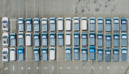 New Pickup Trucks at Factory Parking Lot Aerial