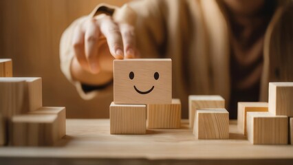 Hand placing a smiley face block on wooden blocks