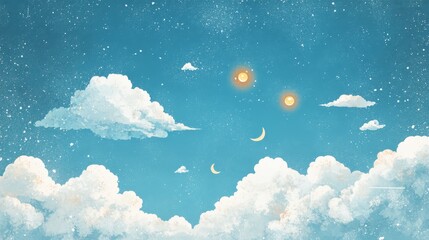 dreamy and imaginative meteorological illustrations, created with a playful chalky crayon effect, where pastel blue clouds, glowing suns, and scattered crescent moons form a harmonious composition,