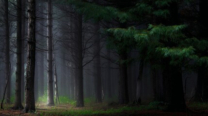 Fototapeta premium enigmatic,deep,woodland,misty,fog,atmospheric,trees,quiet,calm,shadow,forest,pine,serene,dark,green,dusk,mood,nature,mysterious